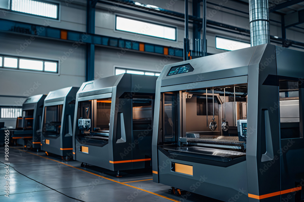 State of the art 3d printers in a busy factory crafting metal objects, showcasing modern engineering and automation State of the art 3d printers in a busy factory crafting metal objects, showcasing modern engineering and automation