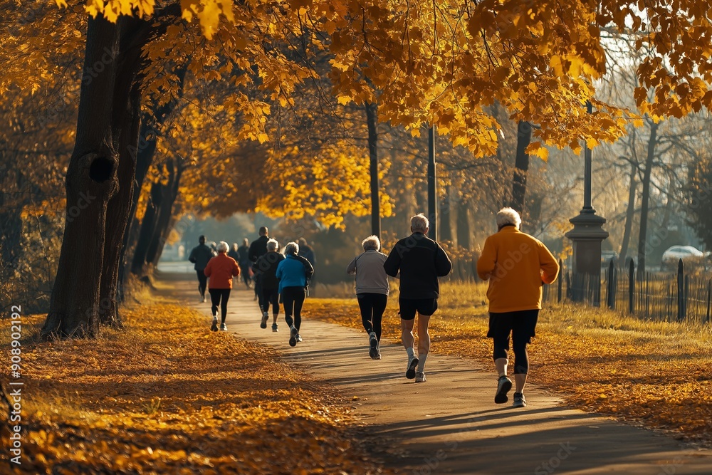 © dakinya - Elderly individuals jogging and walking in a park during autumn, highlighting active lifestyle and community engagement, suitable for themes of health, fitness, and socializing © dakinya - Elderly individuals jogging and walking in a park during autumn, highlighting active lifestyle and community engagement, suitable for themes of health, fitness, and socializing