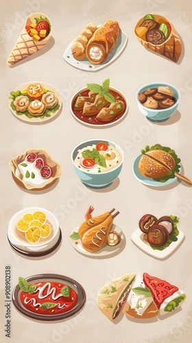 Various dishes arranged artistically, showcasing a variety of desserts and savory meals