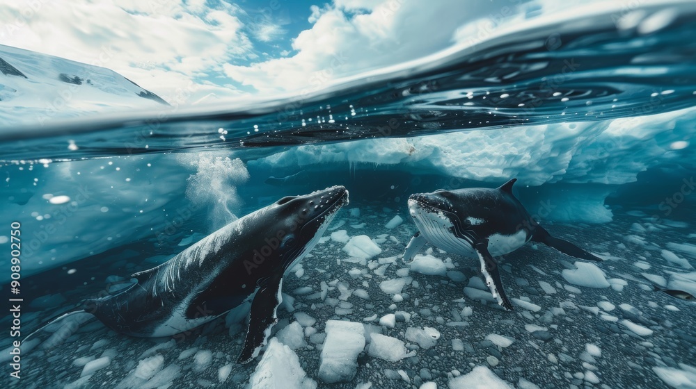 Fototapeta premium Photo of a whale swimming in the water in a beautiful iceberg.