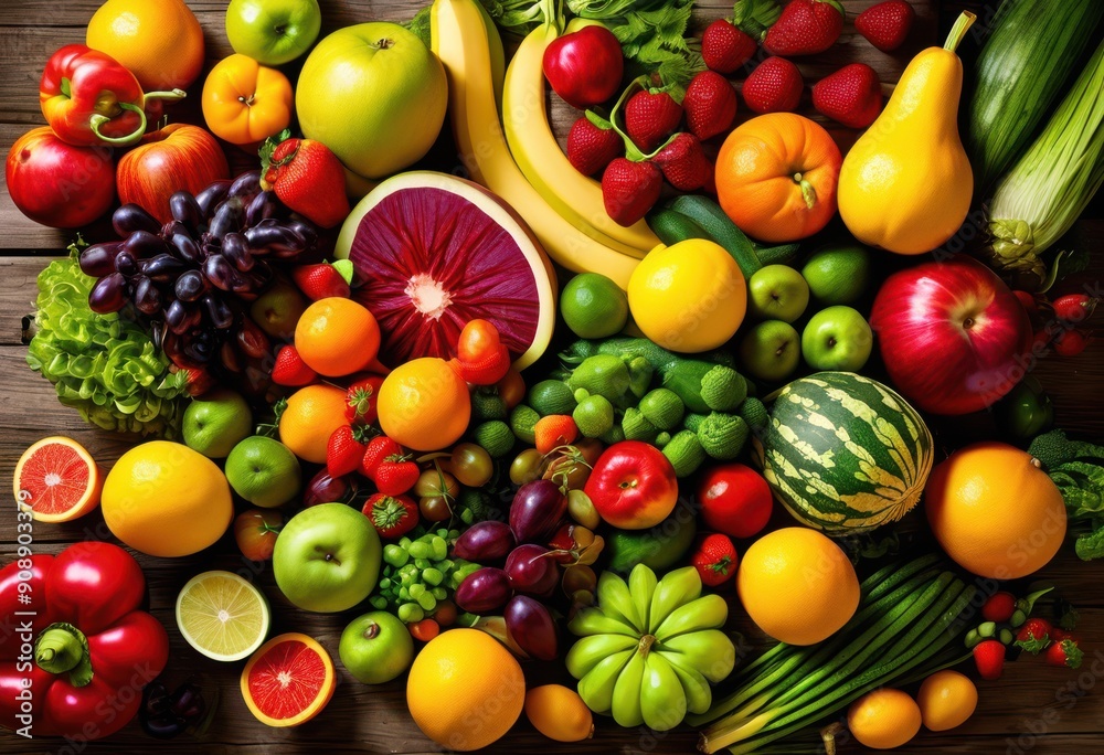 aerial view colorful fresh fruits vegetables displayed artfully wooden table creating vibrant inviting scene, arrangement, healthy, organic, nature, produce aerial view colorful fresh fruits vegetables displayed artfully wooden table creating vibrant inviting scene, arrangement, healthy, organic, nature, produce