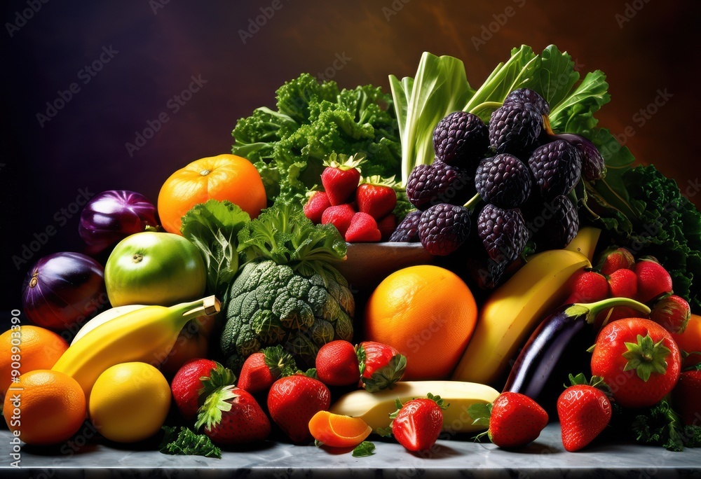 vibrant arrangement fresh fruits vegetables polished marble surface showcasing colorful edibles, healthy, produce, organic, display, food, nutrition, gourmet vibrant arrangement fresh fruits vegetables polished marble surface showcasing colorful edibles, healthy, produce, organic, display, food, nutrition, gourmet