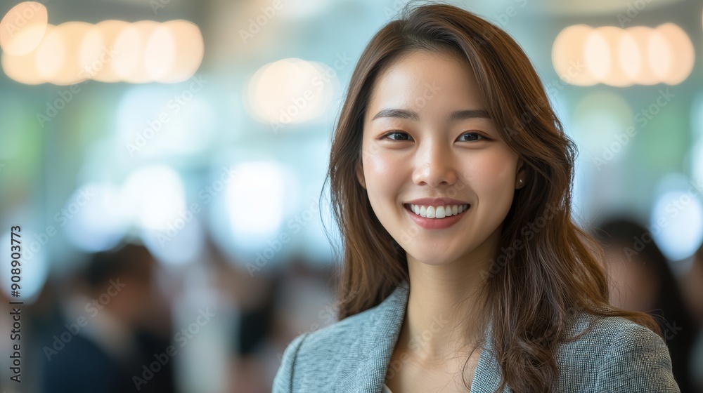 Smiling Businesswoman in Modern Office Setting Smiling Businesswoman in Modern Office Setting