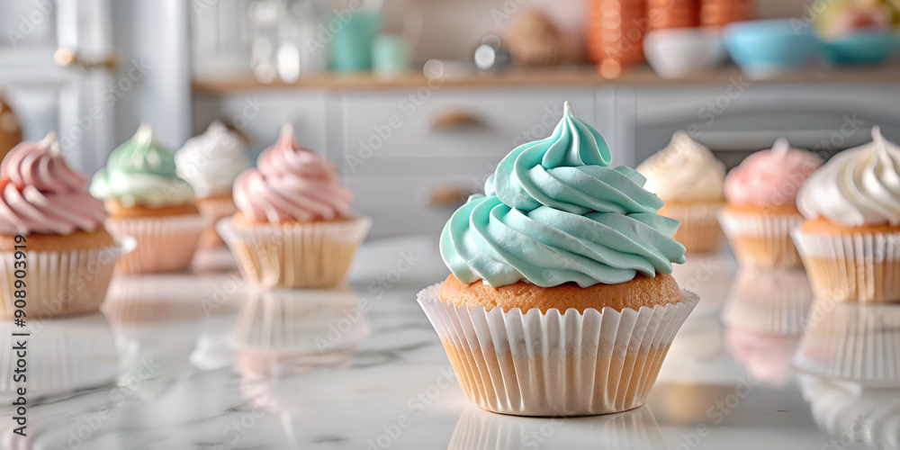 Cupcake muffin with cream in pastel colorful icing frosting topping on white marble counter with blur bright Contemporary kitchen background Cupcake muffin with cream in pastel colorful icing frosting topping on white marble counter with blur bright Contemporary kitchen background