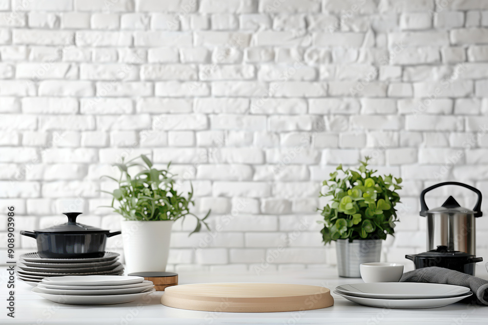 A stylish kitchen featuring wooden cutting board, minimalist tableware, and green plants against a white brick wall backdrop, creating an inviting atmosphere. Mock up A stylish kitchen featuring wooden cutting board, minimalist tableware, and green plants against a white brick wall backdrop, creating an inviting atmosphere. Mock up
