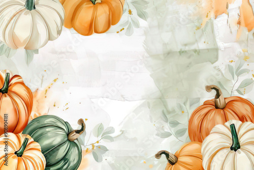 soft colored pumpkins with green leaves, watercolor style, space for text,  fall background,, templates, invitations