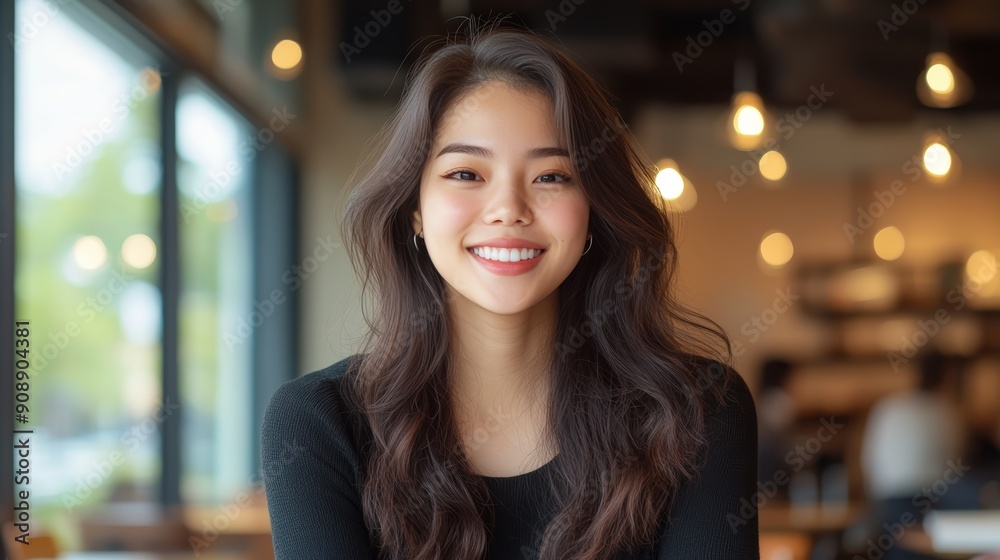 Smiling Woman in Modern Cozy Cafe Smiling Woman in Modern Cozy Cafe