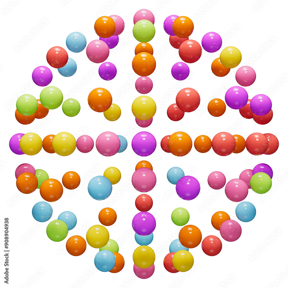 Multi-colored sphere made of many little spheres. Abstract geometric shape. Plastic sphere with a glossy surface on a transparent background.