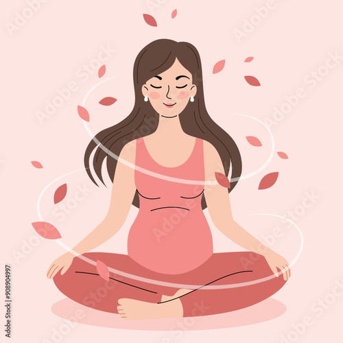 A young pregnant woman meditates in the lotus position,does yoga.Flat vector illustration in cartoon style