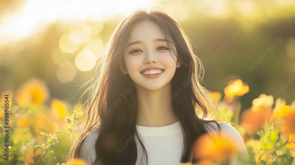 Smiling Woman in Sunny Flower Field Smiling Woman in Sunny Flower Field