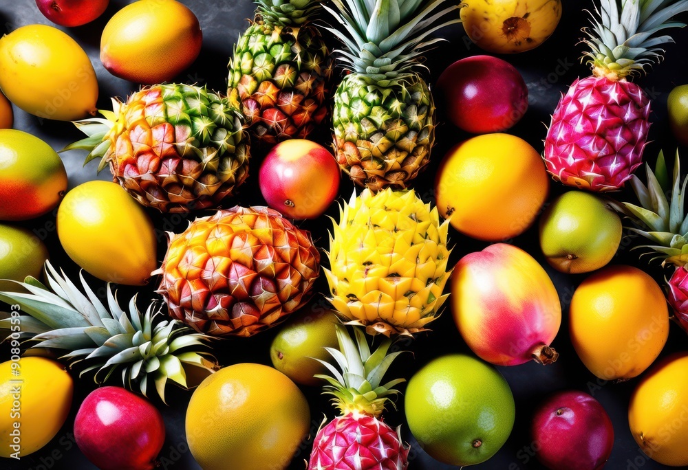 vibrant arrangement tropical fruits bold colors smooth marble surface showcasing freshness natural beauty, exotic, slices, citrus, pineapple, mango, kiwi vibrant arrangement tropical fruits bold colors smooth marble surface showcasing freshness natural beauty, exotic, slices, citrus, pineapple, mango, kiwi