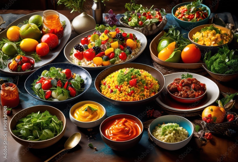 vibrant aerial view showcasing colorful array diverse meals spread across table textures colors various cuisines, banquet, buffet, delicious, dish, dining vibrant aerial view showcasing colorful array diverse meals spread across table textures colors various cuisines, banquet, buffet, delicious, dish, dining