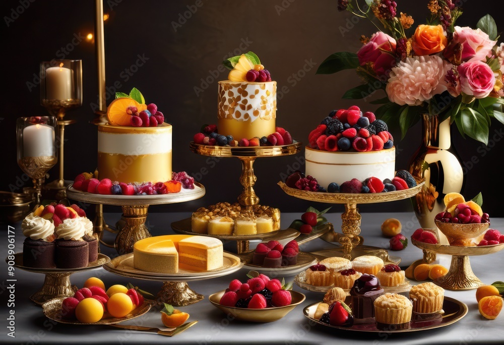 elegant arrangement tempting treats stylish displays featuring colorful pastries luxurious setting, desserts, cakes, sweets, gourmet, showcase, presentation elegant arrangement tempting treats stylish displays featuring colorful pastries luxurious setting, desserts, cakes, sweets, gourmet, showcase, presentation