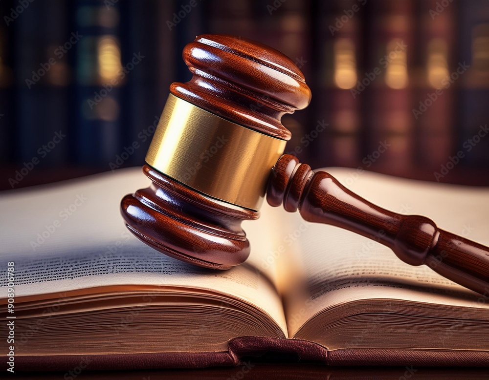 A judge's gavel resting on a book, symbolizing the concept of justice. A judge's gavel resting on a book, symbolizing the concept of justice.