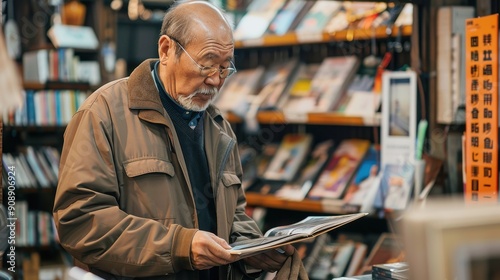 An elderly man examines a book while surrounded by shelves filled with various titles