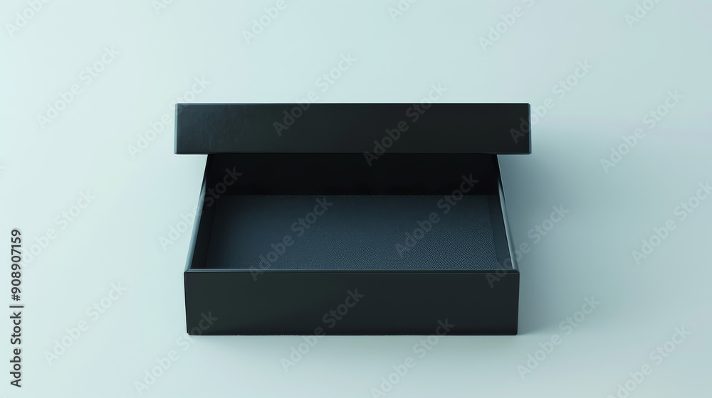 A black box, opened with the lid slightly askew, on a plain white surface, showcasing a minimalist and modern design. A black box, opened with the lid slightly askew, on a plain white surface, showcasing a minimalist and modern design.