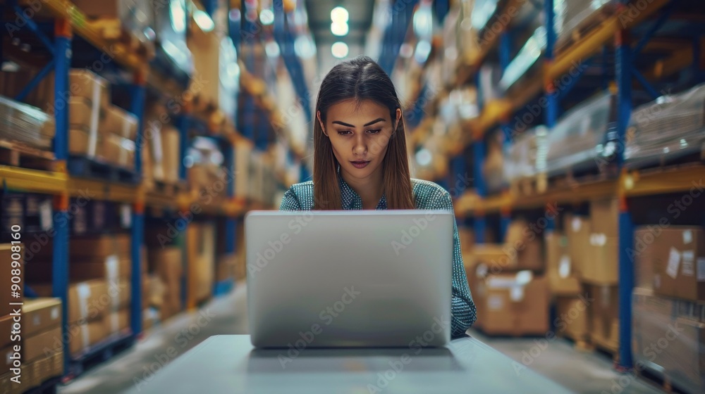 A businesswoman working online on her laptop, an individual seller starting a small business, is managing a warehouse and storing area. A businesswoman working online on her laptop, an individual seller starting a small business, is managing a warehouse and storing area.