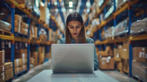 A businesswoman working online on her laptop, an individual seller starting a small business, is managing a warehouse and storing area.