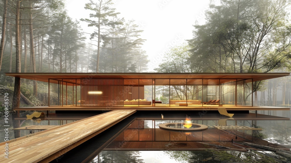 Modern glass house in a forest setting with a serene pond, wooden bridge, and cozy fire pit area. Ideal for nature lovers and architecture admirers. Modern glass house in a forest setting with a serene pond, wooden bridge, and cozy fire pit area. Ideal for nature lovers and architecture admirers.