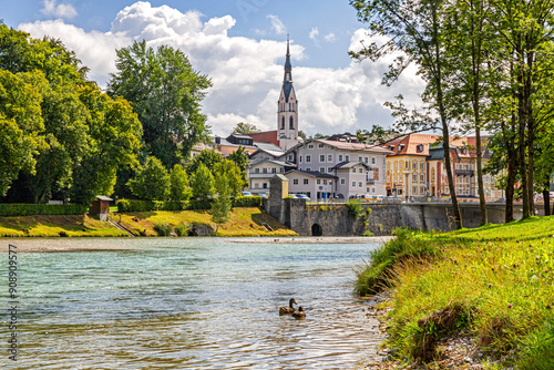 Amazing Summer View at Issar River with Ducks and Bad Tolz, Germany