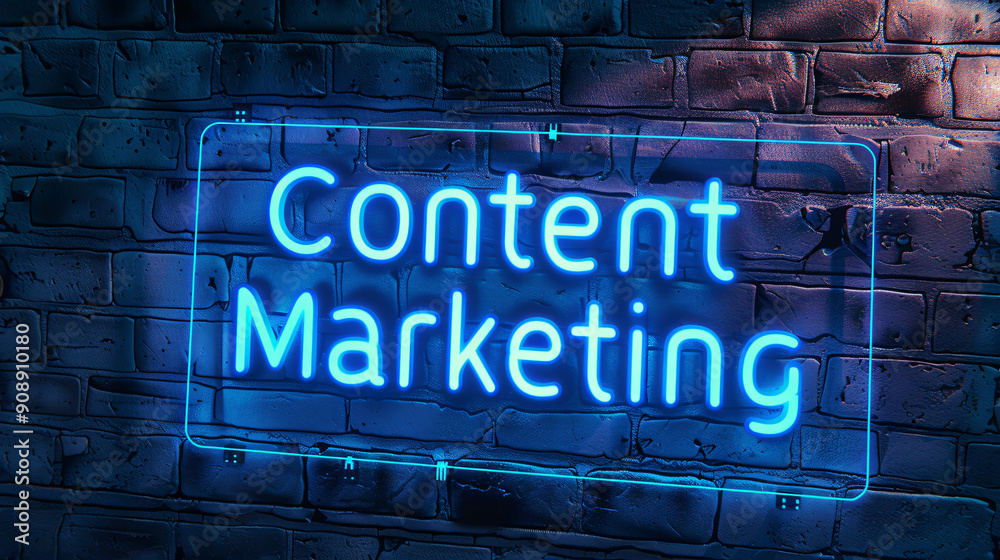 Obraz premium Content marketing neon sign illuminated on a brick wall at night
