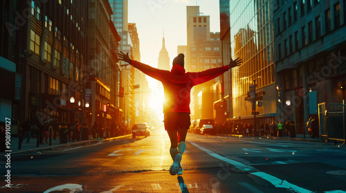 A jogger, arms outstretched, runs enthusiastically towards the sunrise through a bustling city street, capturing a moment of freedom and vitality.