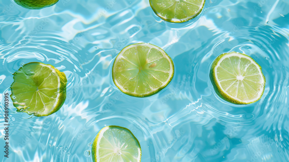 Several lime slices floating in clear water, creating a refreshing and vibrant scene with delicate water ripples. Several lime slices floating in clear water, creating a refreshing and vibrant scene with delicate water ripples.