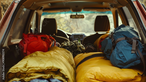 A tightly packed car trunk filled with camping gear, including sleeping bags, backpacks, and hiking boots, ready for an adventure in the great outdoors.