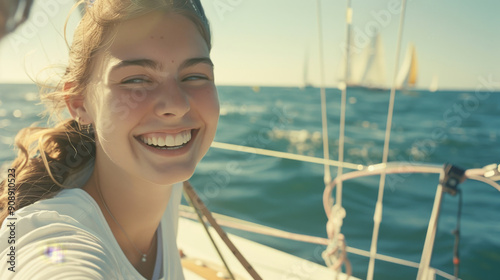 A happy young woman smiling widely while enjoying a sailing adventure, with the open sea and sailboats in the background, capturing the essence of freedom and joy.