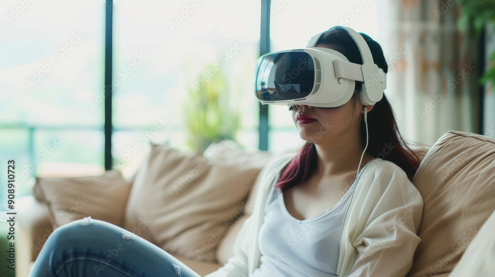 A woman sits comfortably in her living room while using a virtual reality headset, fully immersed in a digital experience. A woman sits comfortably in her living room while using a virtual reality headset, fully immersed in a digital experience.