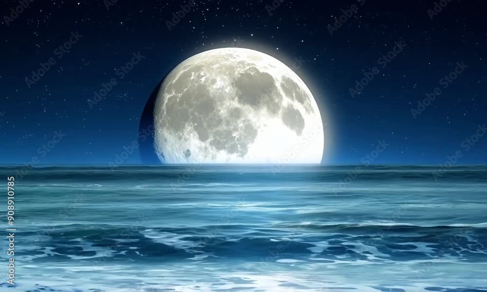 A moonlit night over the ocean with a giant, glowing full moon casting silver light on the gentle wave A moonlit night over the ocean with a giant, glowing full moon casting silver light on the gentle wave