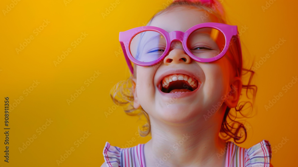 A child with purple glasses laughs joyfully against a vibrant orange background, capturing an infectious moment of happiness and playful energy. A child with purple glasses laughs joyfully against a vibrant orange background, capturing an infectious moment of happiness and playful energy.