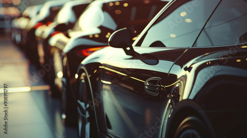 A row of sleek, black high-end cars in a showroom, their polished surfaces gleaming under the indoor lights.