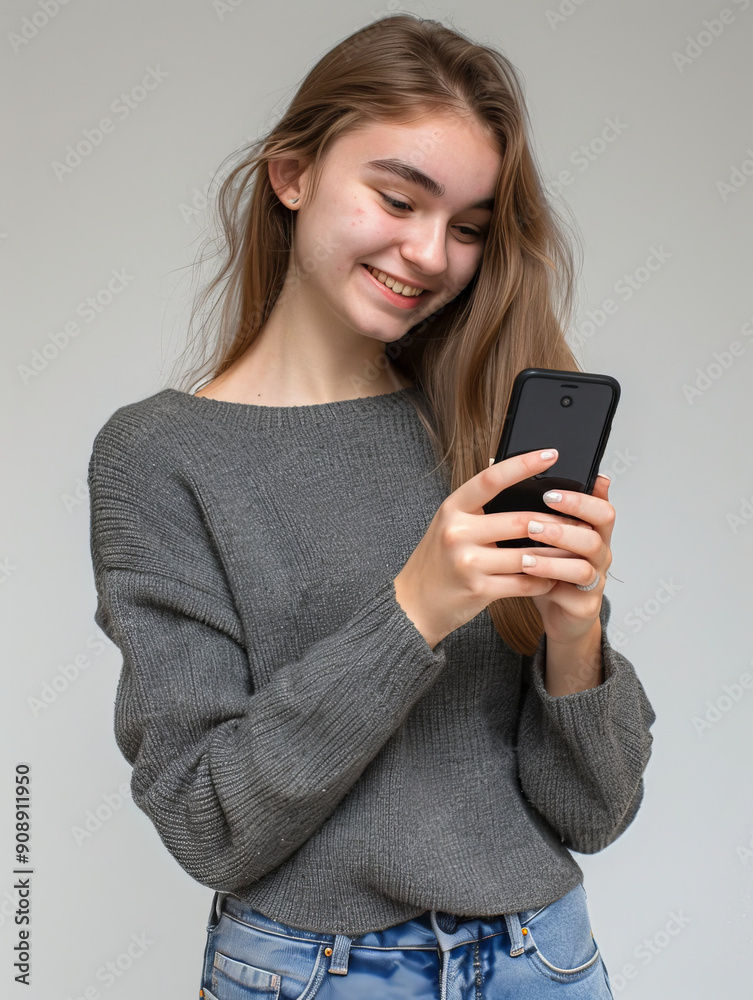 Smiling Woman with Smartphone: A young woman with long brown hair and a warm smile, dressed in a casual grey sweater and blue jeans, enjoys a moment of connection as she scrolls through her smartphone Smiling Woman with Smartphone: A young woman with long brown hair and a warm smile, dressed in a casual grey sweater and blue jeans, enjoys a moment of connection as she scrolls through her smartphone