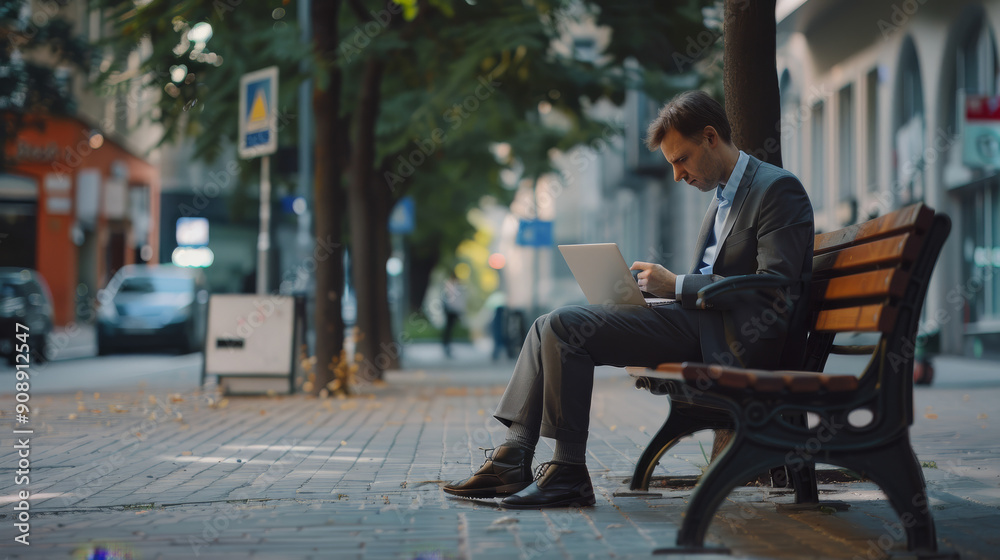 An urban scene with a businessman focusing on his laptop while sitting on a park bench, surrounded by a slightly blurred bustling city environment. An urban scene with a businessman focusing on his laptop while sitting on a park bench, surrounded by a slightly blurred bustling city environment.