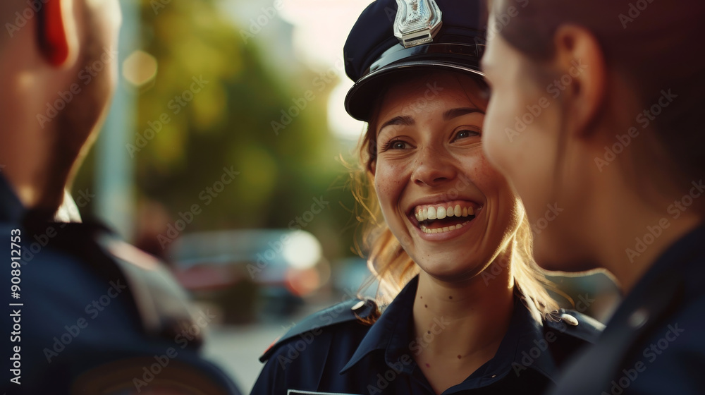 Three police officers share a light-hearted, candid moment on duty, embodying camaraderie and joy amidst a sunlit urban setting. Three police officers share a light-hearted, candid moment on duty, embodying camaraderie and joy amidst a sunlit urban setting.