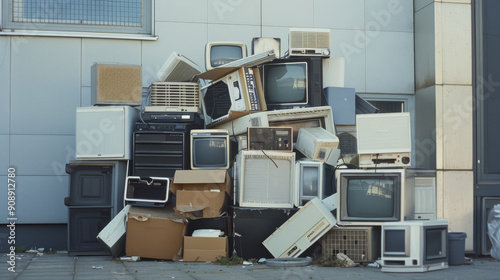 A tidy pile of discarded electronics outside a building, showcasing the growing issue of technological waste and the need for recycling.