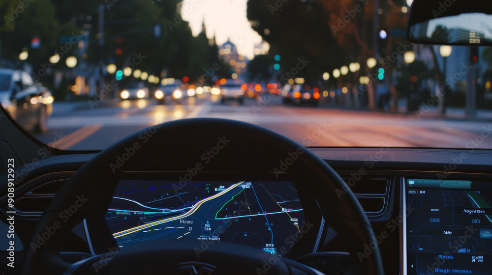 A view from inside a car showing a high-tech dashboard navigating a well-lit city street, emphasizing modernity and urban living. A view from inside a car showing a high-tech dashboard navigating a well-lit city street, emphasizing modernity and urban living.