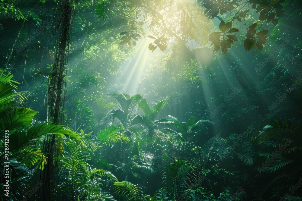 Lush green jungle with sunlight shining through foliage suitable for naturethemed designs, environmental websites, travel brochures, tropical settings. Lush green jungle with sunlight shining through foliage suitable for naturethemed designs, environmental websites, travel brochures, tropical settings.