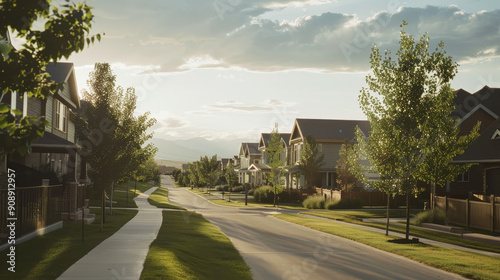 A peaceful suburban street lined with well-kept houses, bathed in the soft light of the evening with trees and a mountain backdrop.