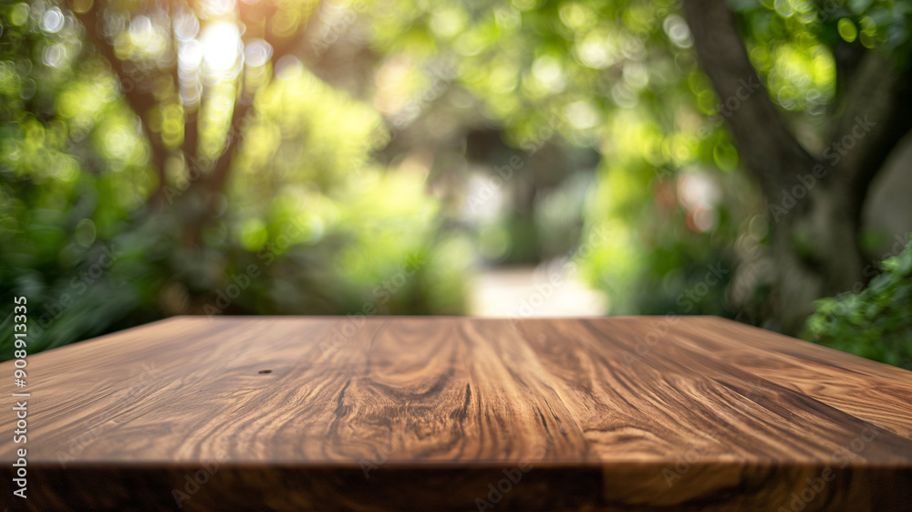 Walnut Table Top with Blurred Garden View Background Walnut Table Top with Blurred Garden View Background