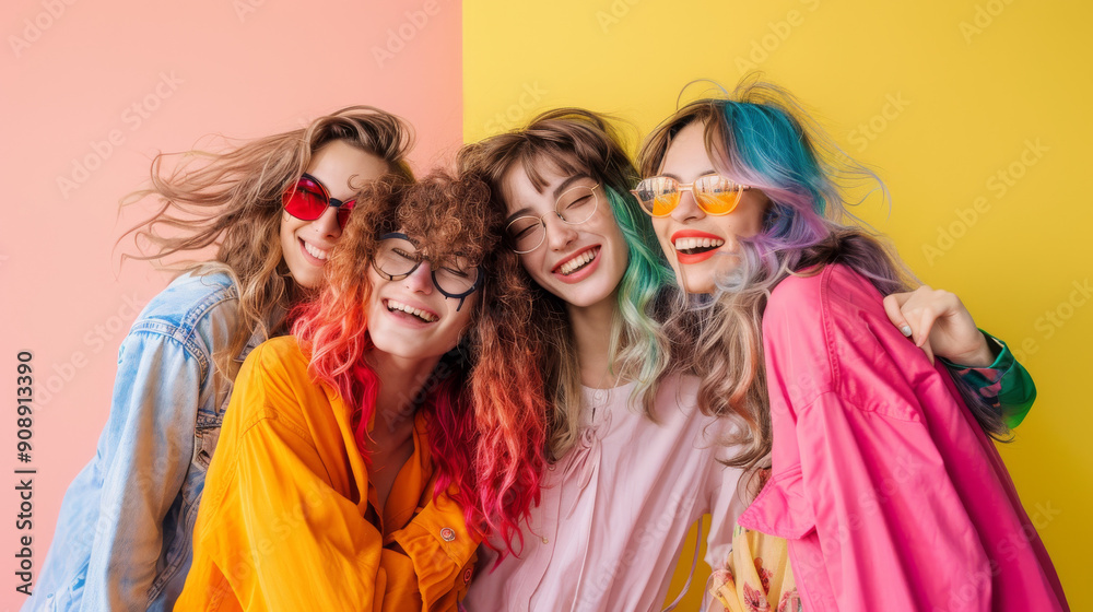 A group of friends with colorful hair and sunglasses are laughing and embracing each other joyfully against a vibrant, two-toned pastel background. A group of friends with colorful hair and sunglasses are laughing and embracing each other joyfully against a vibrant, two-toned pastel background.