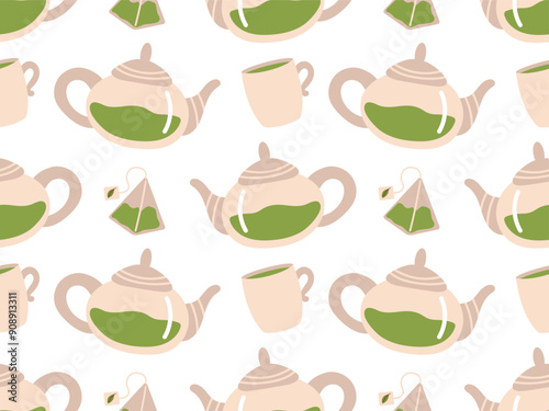 Seamless pattern with teapot, cups, tea bag. Vector illustration of green tea, matcha for textile, wrapping paper, background. Texture for decorating cafe, restaurant, school canteen, buffet
