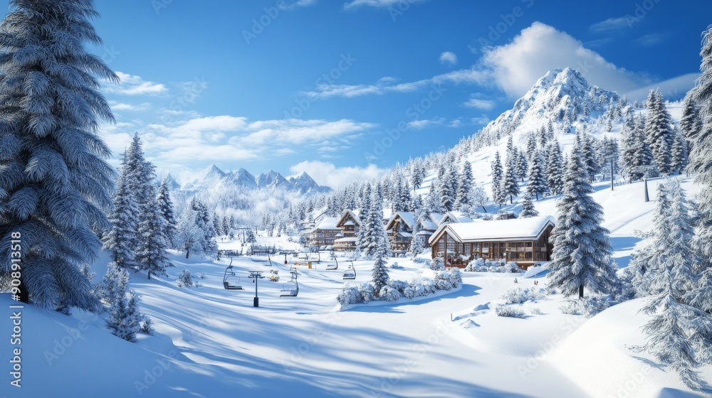 3D rendering of a winter wonderland with a snowy landscape, ski resort, and pine trees. 3D rendering of a winter wonderland with a snowy landscape, ski resort, and pine trees.
