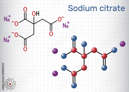 Sodium citrate, trisodium citrate molecule. Food additive, anticoagulant. Structural formula, molecule model. Sheet of paper in a cage. Vector illustration