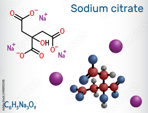 Sodium citrate, trisodium citrate molecule. Food additive, anticoagulant. Structural chemical formula, molecule model