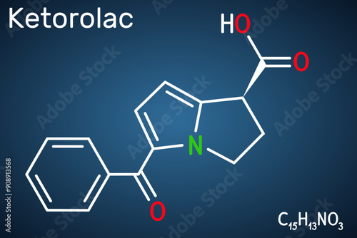 Ketorolac molecule. It is nonsteroidal anti-inflammatory drug NSAID. Structural chemical formula, on the dark blue background