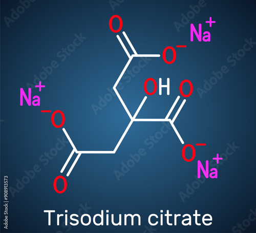 Sodium citrate, trisodium citrate molecule. Food additive, anticoagulant. Structural chemical formula, dark blue background. Vector illustration