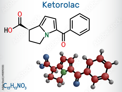 Ketorolac molecule. It is nonsteroidal anti-inflammatory drug NSAID. Structural chemical formula, molecule model.