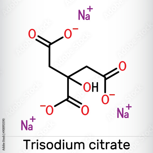 Sodium citrate, trisodium citrate molecule. Food additive, anticoagulant. Skeletal chemical formula. Vector illustration